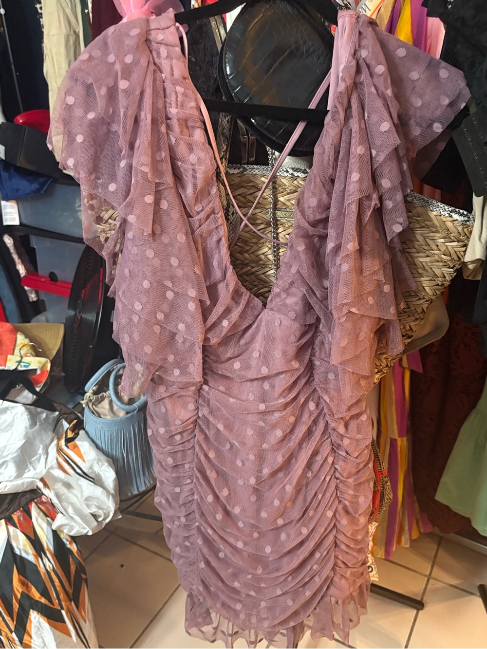 NWT ASOS Dusty Rose Polka Dot Ruffle Mini Dress. Size 14.